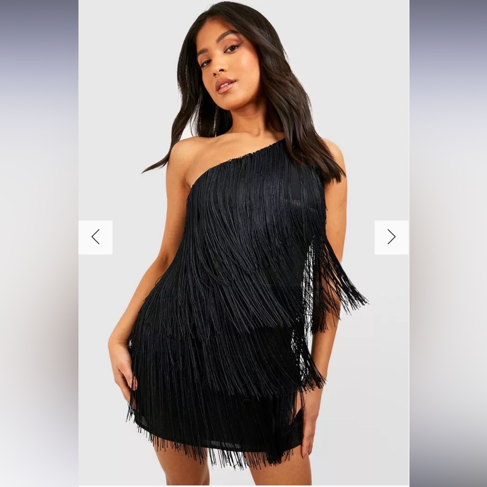Boohoo PETITE FRINGE TASSEL ONE SHOULDER MINI DRESS